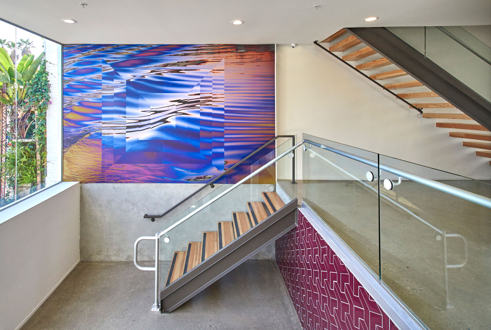 Architectural-photography-of-entry-mural-and-stairway-of-commercial-building-Joe-Atlas-architectural-photographer-Los-Angeles.