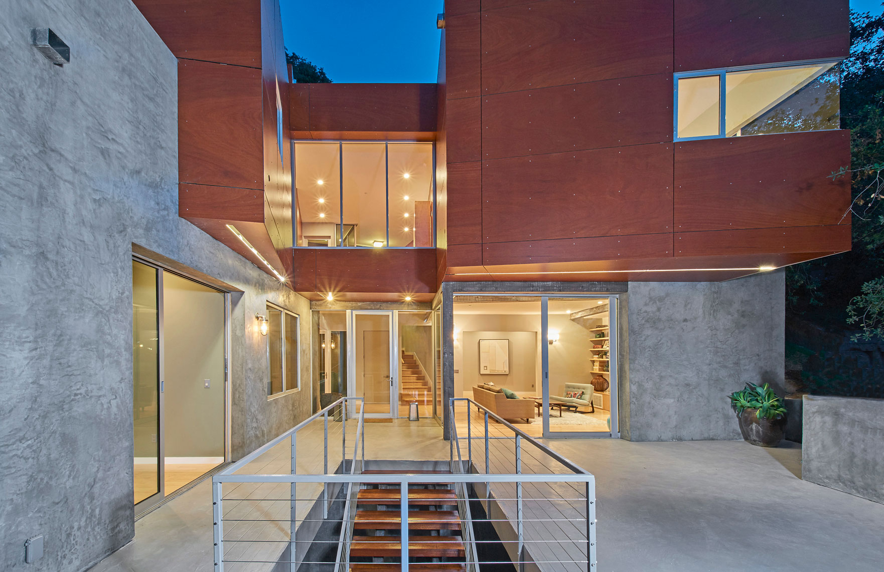 Architectural-photography-of-exterior-twilight-front-view-of-contemporary-home-Joe-Atlas-architectural-photographer-Los-Angeles.