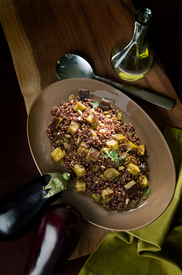 Plated-eggplant-barley-recipe-with-olive-oil-and-herbs-by-Joe-Atlas-food-photography.