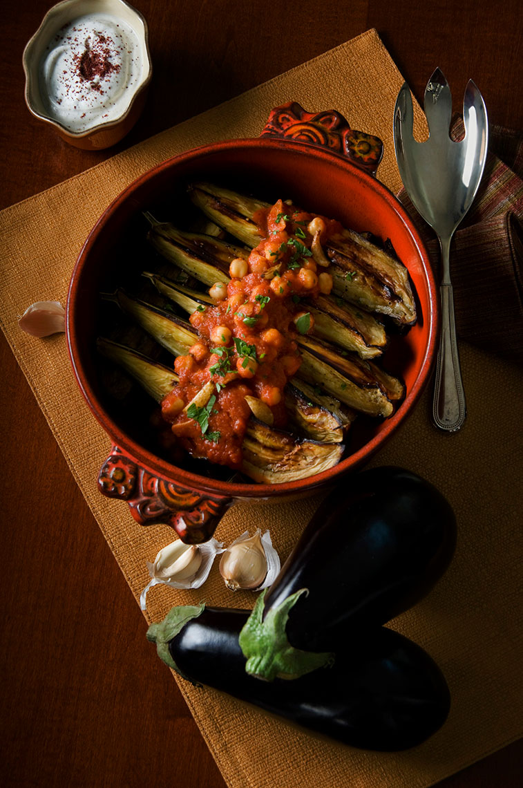 Roasted-moroccan-eggplant-with-tomato-garbanzo-sauce-by-Joe-Atlas-food-photography.